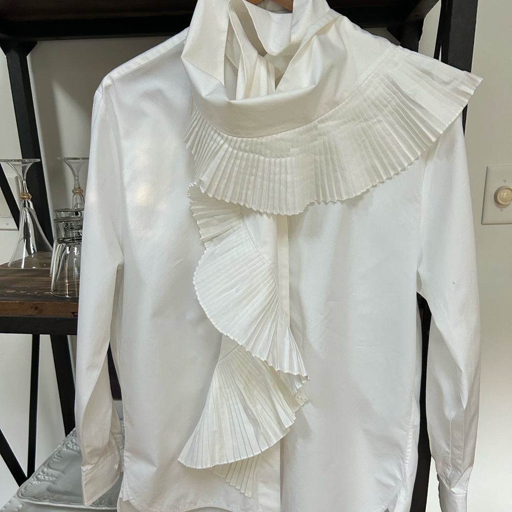 Givenchy tunic length ruffled pleated tie scarf white shirt cotton/poplin new